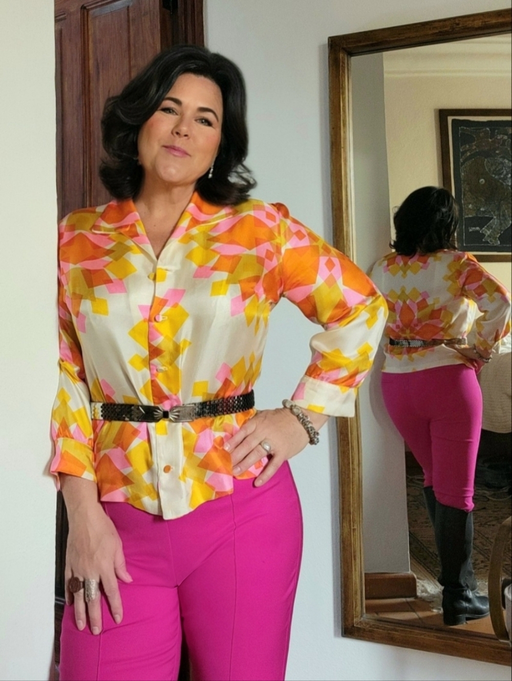 VINTAGE SILK 1970/80's CAPRICCI Abstract Print Geometric Blouse- Orange & Pink